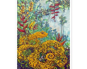 Estampado de víbora de pestañas, pintura de serpiente Miel de Oropel, arte mural de la selva tropical