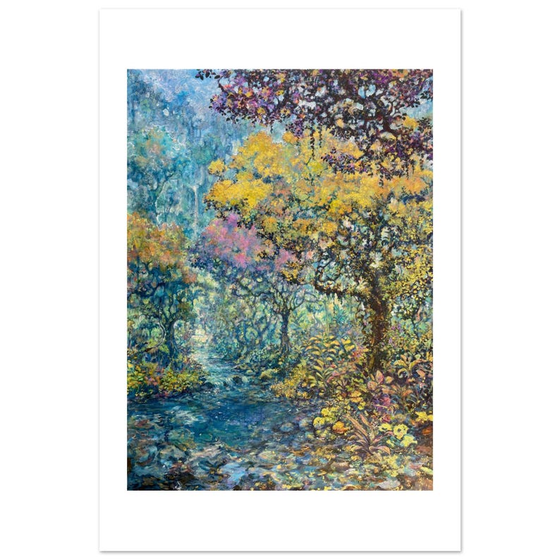 Come to Me, River by Daniel Wesson: fine art print of a colorful forest bursting with vegetation beside a gentle river
