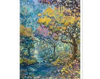 Ven a mí, Estampado de río, Pintura colorida de río en el bosque, Arte mural zen