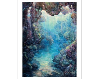 Underwater Cave Print, Cuevas del Tiempo Ocean Painting, Blue Sea Wall Art