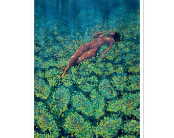 Estampado de anémonas, pintura de nadador sobre anémonas marinas, arte mural oceánico