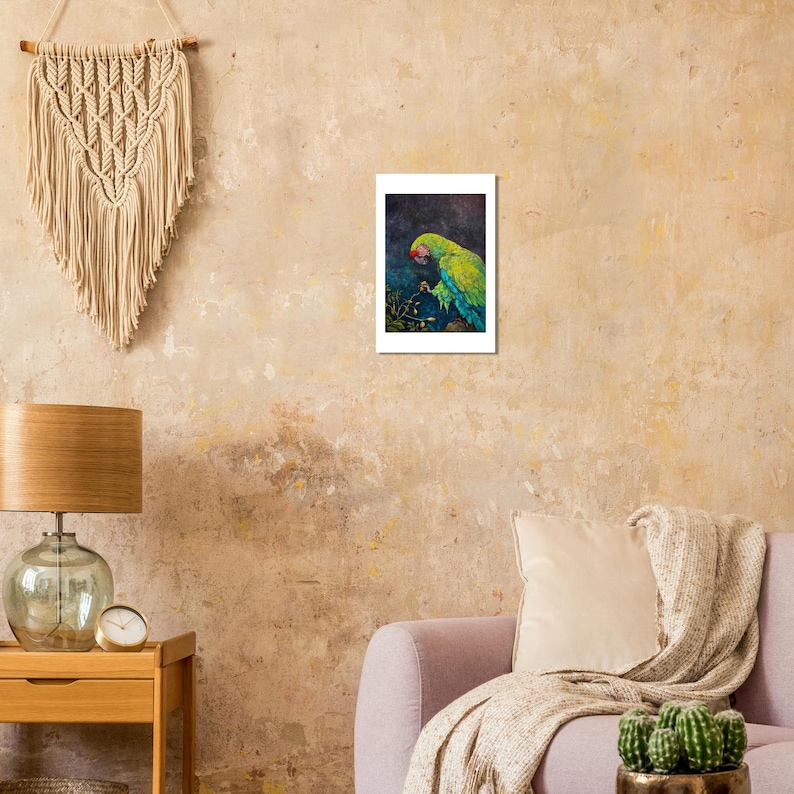 Great Green Macaw print in a warm living room