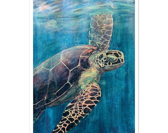 Estampado de tortuga marina verde, pintura de tortuga mirando al océano, arte mural submarino