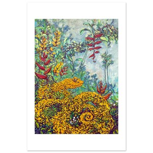 Miel de Oropel by Daniel Wesson: fine art print of a golden eyelash viper coiled among heliconias and tropical flowers