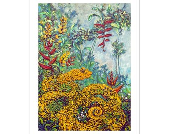 Eyelash Viper Print, Miel de Oropel Snake Painting, Tropical Jungle Wall Art