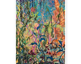 Lámina con estampado de jardín selvático, colorida pintura botánica tropical, arte mural de la selva.