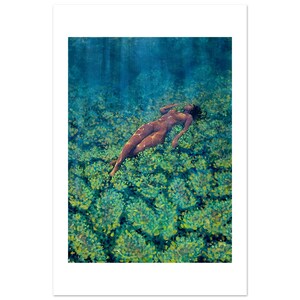 Anemonas by Daniel Wesson: fine art print of a swimmer drifting above a field of green sea anemones
