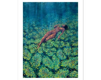 Anemonas Print, Swimmer Over Sea Anemones Painting, Ocean Wall Art