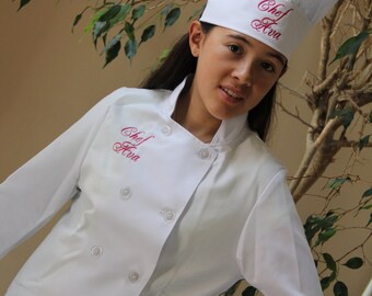 Child's Personalized Chef Coat and Matching Hat Set Embroidered Monogrammed LONG SLEEVE WHITE