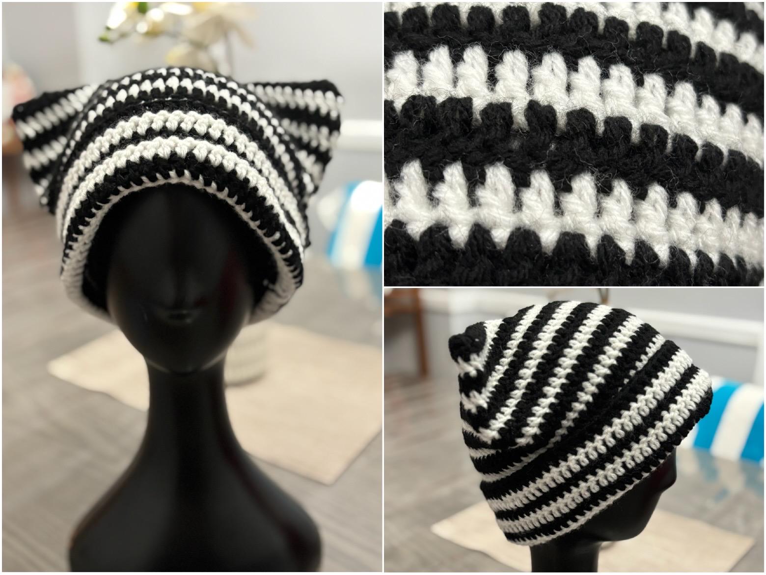 Striped Cat Ear Beanie Hat Handmade Unisex Crochet Knit Hat for