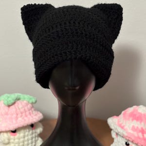Striped Cat Ear Beanie Hat Handmade Unisex Crochet Knit Hat for