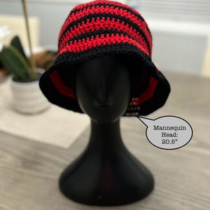 Red & Black Striped Bucket Hat, Handmade, Bold Trendy Hat, Soft Knit Streetwear Style, everyday comfy fit Unisex Fashion Accessory gift idea