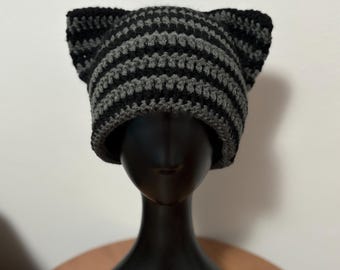 Striped Cat Ear Beanie Hat Handmade Unisex Crochet Knit Hat for