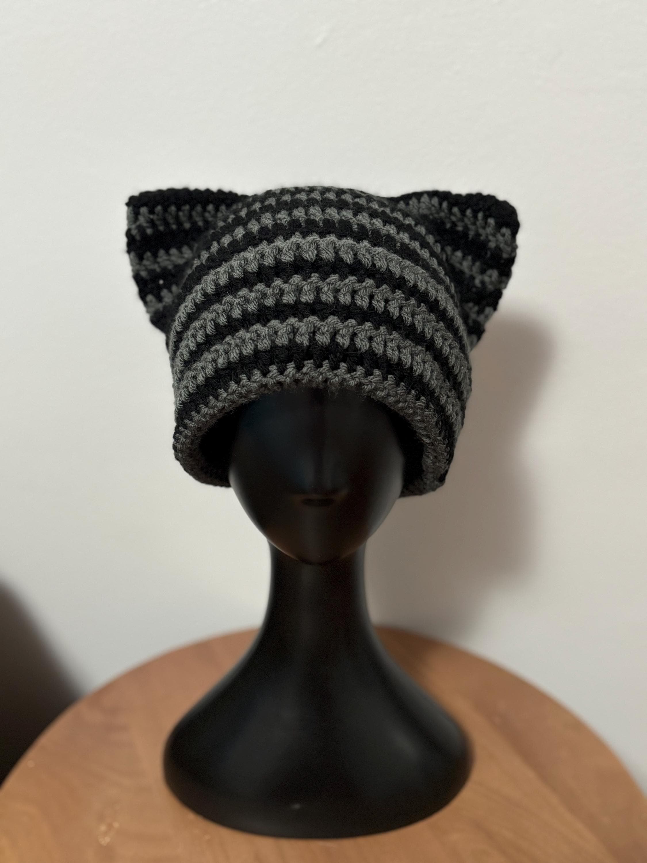 Handmade Crochet Cat Ear Beanie, Striped Acrylic Kitty Hat matching crochet cat ear beanie and crochet handwarmers i  main image 4