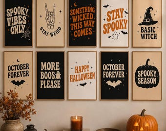 Retro Halloween Typography Print Set, 10 Spooky Printable Wall Art Posters