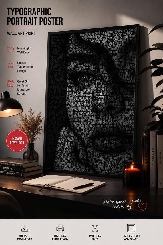 Custom Typographic Portrait Poster, Personalized Poetry Wall Art Print, She Walks in Beauty Poem, Quote Canvas Decor