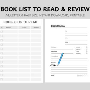 Pagina di recensione del libro, elenco di lettura e tracker, pianificatore di lettura digitale, registro di lettura, tracker delle abitudini di lettura, PDF stampabile, A4/lettera