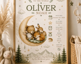 Personalized Baby Birth Stats Poster Woodland Nursery Art Newborn Keepsake