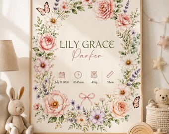 Personalized Baby Birth Stats Poster Floral Nursery Name Keepsake