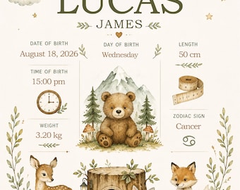 Personalized Baby Birth Stats Poster Woodland Nursery Newborn Gift