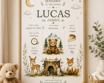 Custom Woodland Birth Stats Print, Forest Animal Nursery Decor, Personalized Baby Boy Gift, Watercolor Nature Keepsake, Zodiac Sign Wall Art
