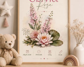 Personalized Birth Flower Poster Baby Birth Stats Botanical Keepsake