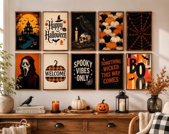 Gothic Halloween Wall Art Set, 10 Vintage Spooky Printable Posters, Dark Gallery Wall Decor