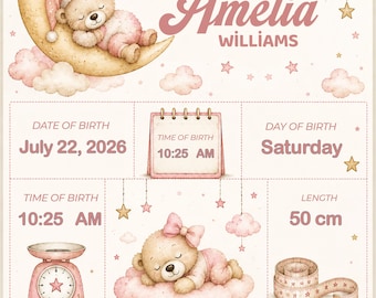 Personalized Baby Birth Record Print, Watercolor Teddy Bear Nursery Art, Digital Download