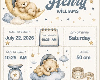 Personalized Baby Birth Poster, Watercolor Teddy Bear Moon & Stars Nursery Art, Digital Download