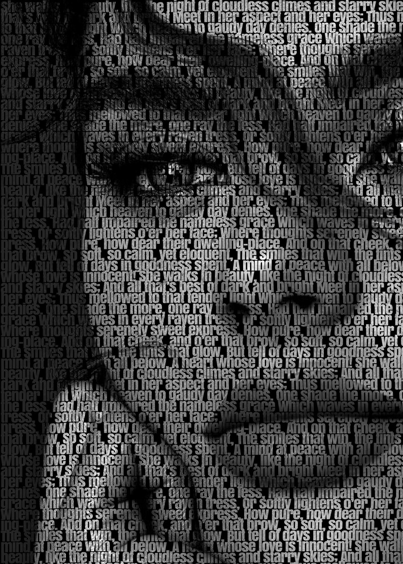 May include: A grayscale image of a woman's face, created with text. The text forms the shape of the face, eyes, and hair. The words are from a poem, creating a unique portrait.