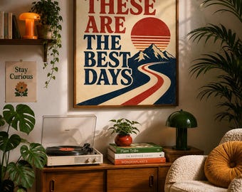 Retro 70s Mountain Wall Art, Vintage Typography Printable Poster