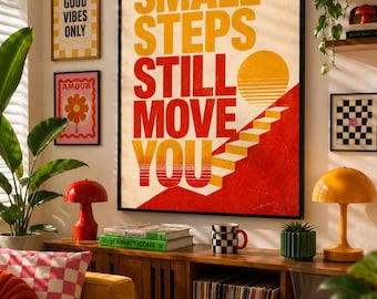 Retro Motivational Wall Art, Small Steps Typography Printable Poster