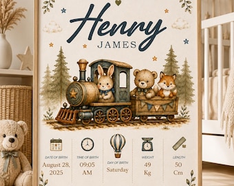 Personalized Baby Birth Stats Poster, Woodland Train Nursery Print