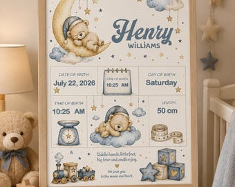 Custom Baby Birth Stats Print, Watercolor Teddy Bear Nursery Decor, Personalized Digital Download