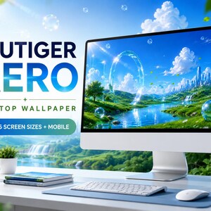 May include: A computer monitor displaying a Frutiger Aero desktop wallpaper with a vibrant landscape, blue sky, and floating bubbles. The text reads FRUTIGER AERO DESKTOP WALLPAPER and 5 SCREEN SIZES + MOBILE. A keyboard and mouse sit on a desk.