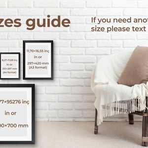 May include: A size guide graphic with text in brown and black frames. The text includes inch and millimeter measurements for various frame sizes, such as 8.27x11.69 inches or 210x297 mm. The text also says "If you need another size please text me."