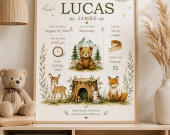 Personalized Baby Birth Stats Print, Woodland Teddy Bear Nursery Art