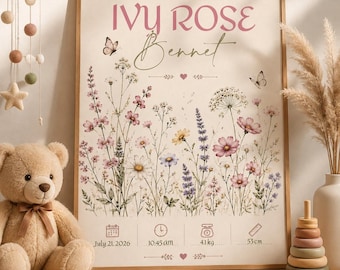 Personalized Baby Name Poster Wildflower Birth Details Nursery Art