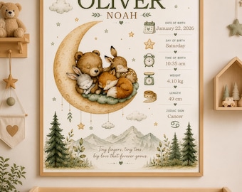 Custom Baby Name Print Moon Nursery Art Forest Animal Birth Keepsake