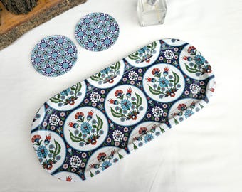 Tray Gift Set with 2 coasters, Decorative Trays, Turkish /Mediterranean Design Pattern Small Tray & Coasters Set,  Housewarming Gifts