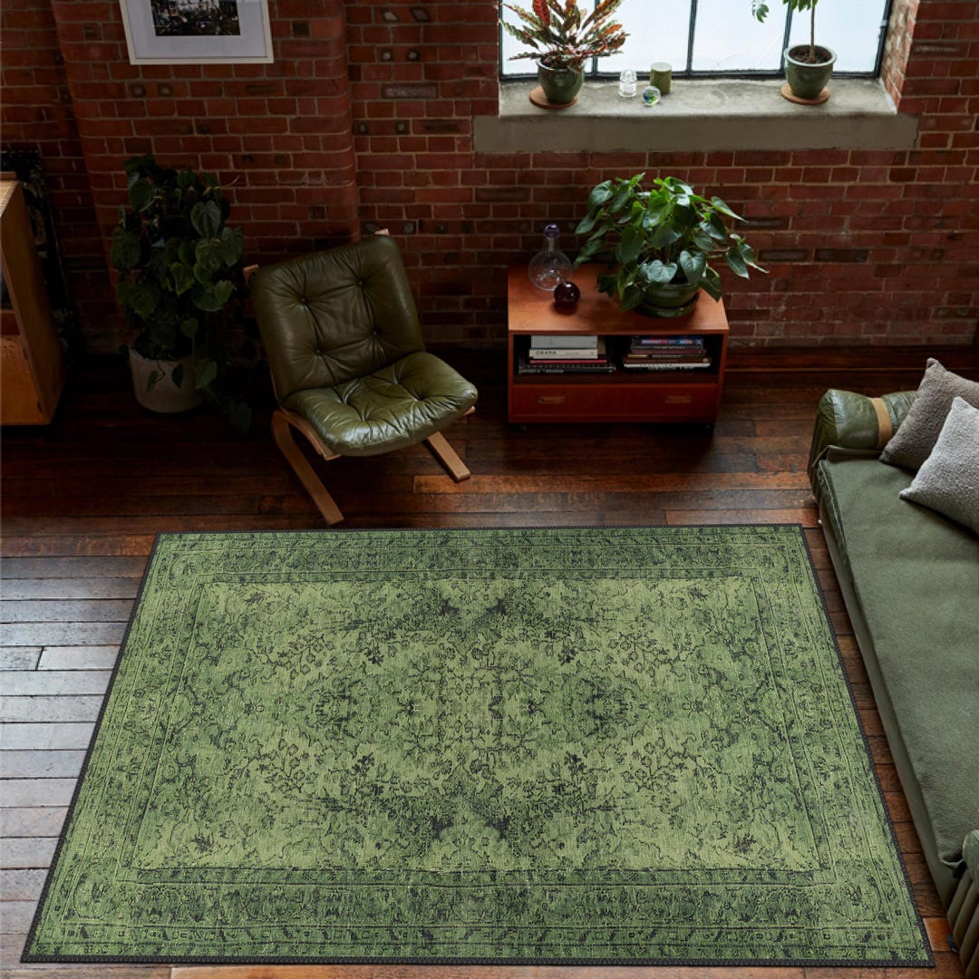 Green Vintage Style Rug, Antique Look Teppich, Washable Non-slip ...