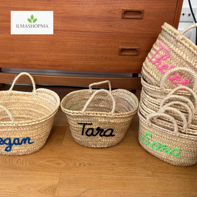 Personalized Moroccan Straw Basket: Embroidered Beach Tote, Bridal Shower Gift