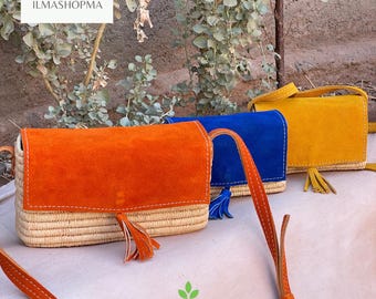 Handmade Raffia Crossbody Bag: Moroccan Straw Shoulder Purse with Suede