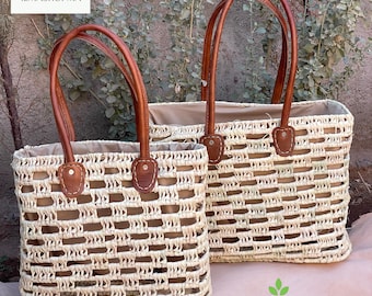 Handmade Woven Moroccan Market Basket with Leather Handles