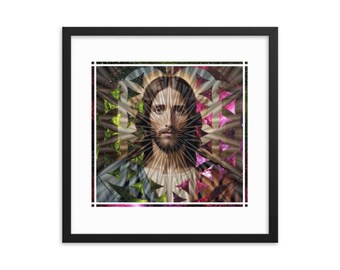 May include: A framed print featuring a portrait of Jesus Christ with a halo effect. The artwork has a detailed face and beard, set against a backdrop of geometric shapes and colors, framed in a black border.