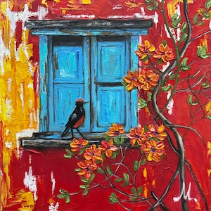 Pintura al óleo original de una vibrante escena de ventana, pared roja con flores y pájaros, 25x25 cm, arte hecho a mano sobre cartón