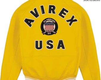 Chaqueta de cuero Avirex hecha a mano, chaqueta icónica para hombre hecha a mano, chaqueta de vuelo amarilla, cuero genuino / el mejor regalo para él / ella