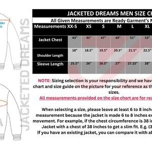 May include: A men's jacket size chart, displaying measurements in inches for chest, shoulder, and sleeve length. Diagrams show how to measure the jacket. Includes text about sizing and fit.