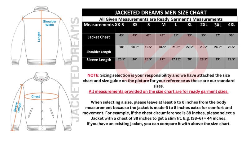 May include: A men's jacket size chart, displaying measurements in inches for chest, shoulder, and sleeve length. Diagrams show how to measure the jacket. Includes text about sizing and fit.