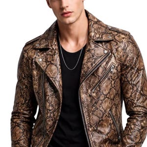 Men's Brown Snakeskin Print Leather Biker Jacket, Python Pattern Motorcycle Jacket, Retro Rocker Moto Jacket, Reptile Print Leather Coat